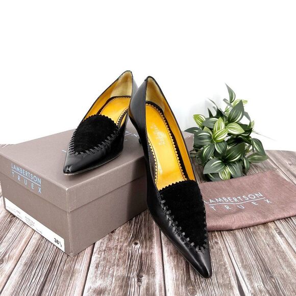 Lambertson Truex ALICE Black Kitten Heel Leather and Suede Pumps size 38 1/2 - Picture 1 of 12